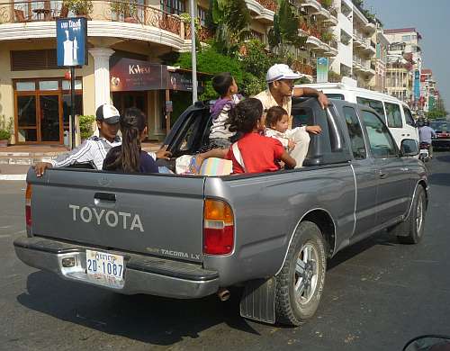 Family riding in a pickup truck