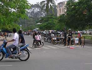 Police barricades on streets to the river