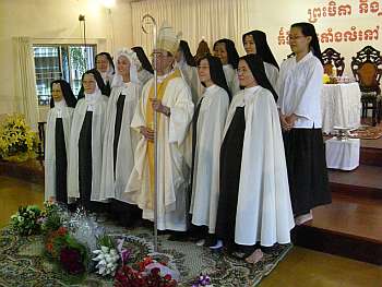 A picture of the Carmelites with Bishop Emile.
