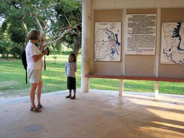 Jaana Aaltonen and child at Killing Field