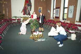 Setting up the chapel for morning prayer