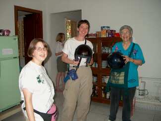 Trying on helmets