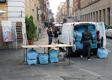 Street vendors setting up in the early morning