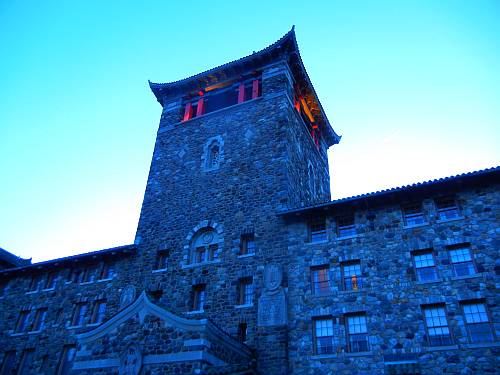 The seminary tower at dusk