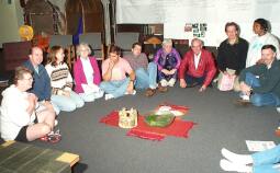 Seated on the floor after mass